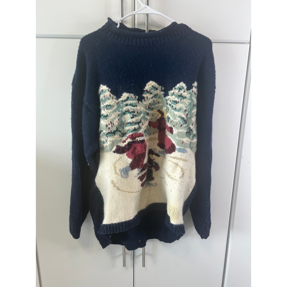 Vintage Winter Ice Skating Scene Knit Sweater Navy Blue Metallic Gold Oversized‎